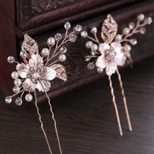 2pcs RoseGold Pearl Handmade Bridal Hair Pins.